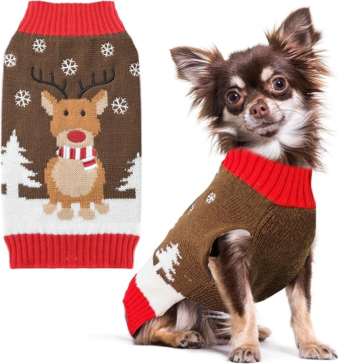 PETCARE Brown Reindeer Dog Sweater Christmas Vest Ugly Snow Xmas Puppy Costume Pet Holiday Warm Fall Winter Clothes for Small Medium Large Dogs Cats Pullover Sweaters Outfits