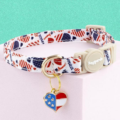 Faygarsle 2 Pack Patriotic American Flag Dog Collar Pattern Cat Collars Breakaway Safety Collar with Bell Spring Summer Design for Girl Cats, Red White Blue