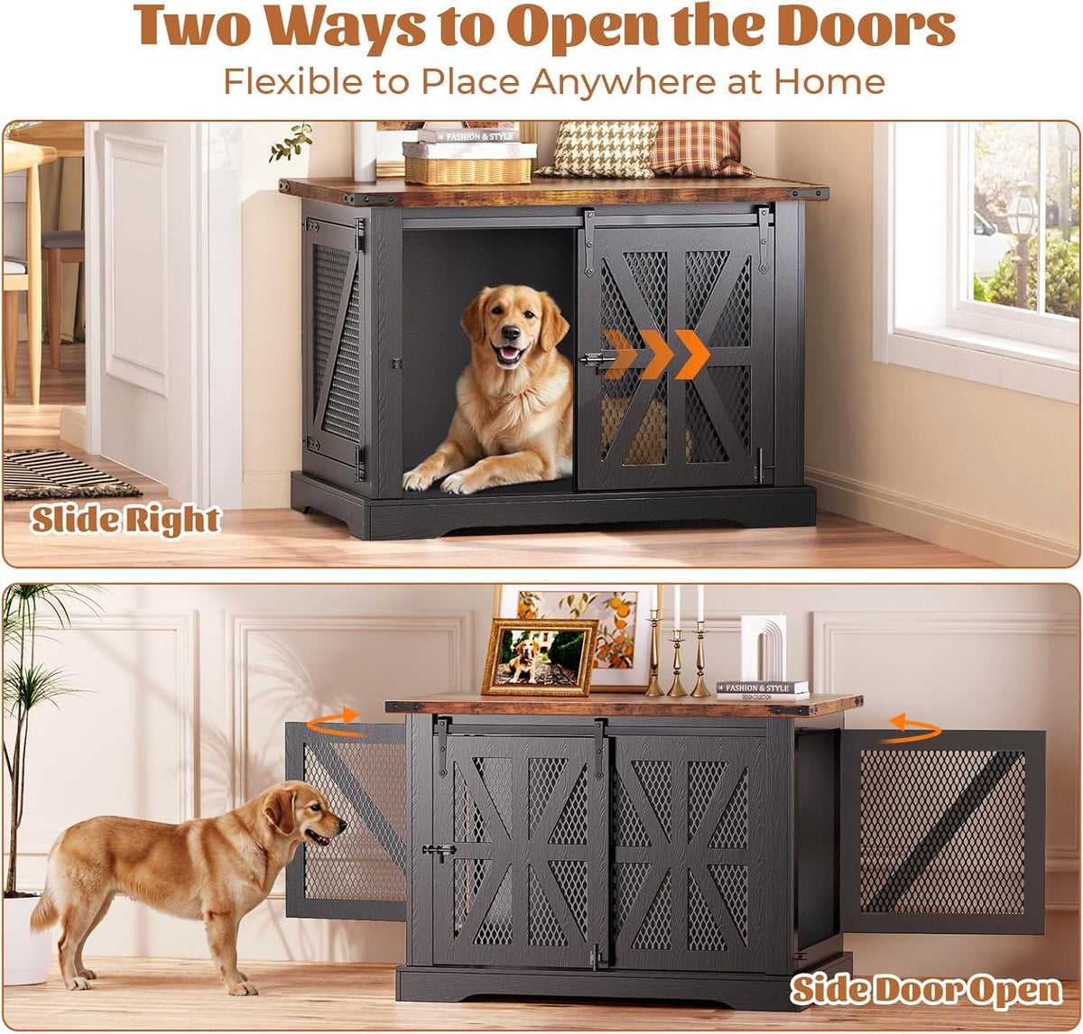 VOPEAK 43.3" XL Dog Crate Furniture, Chew Resistant Dog Crate for Medium Large Dogs, Heavy Duty Extra Large Dog Crate Dog Kennel Indoor with Double Doors, Wooden End Table for Living Room, Black