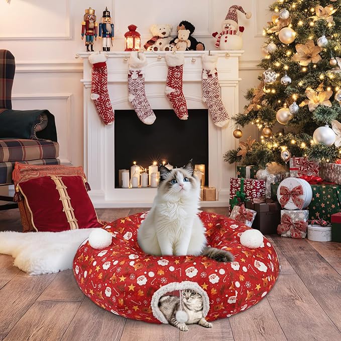 Cat Tunnel Christmas Tree Skirt Cat Tunnel Bed for Indoor Cats Play Donut Tunnel Toys S Shape for Rabbit Ferret (Red)