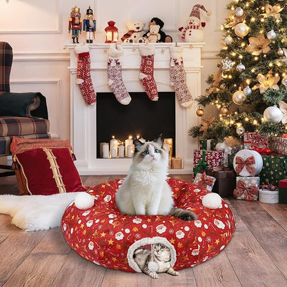 Cat Tunnel Christmas Tree Skirt Cat Tunnel Bed for Indoor Cats Play Donut Tunnel Toys S Shape for Rabbit Ferret (Red)