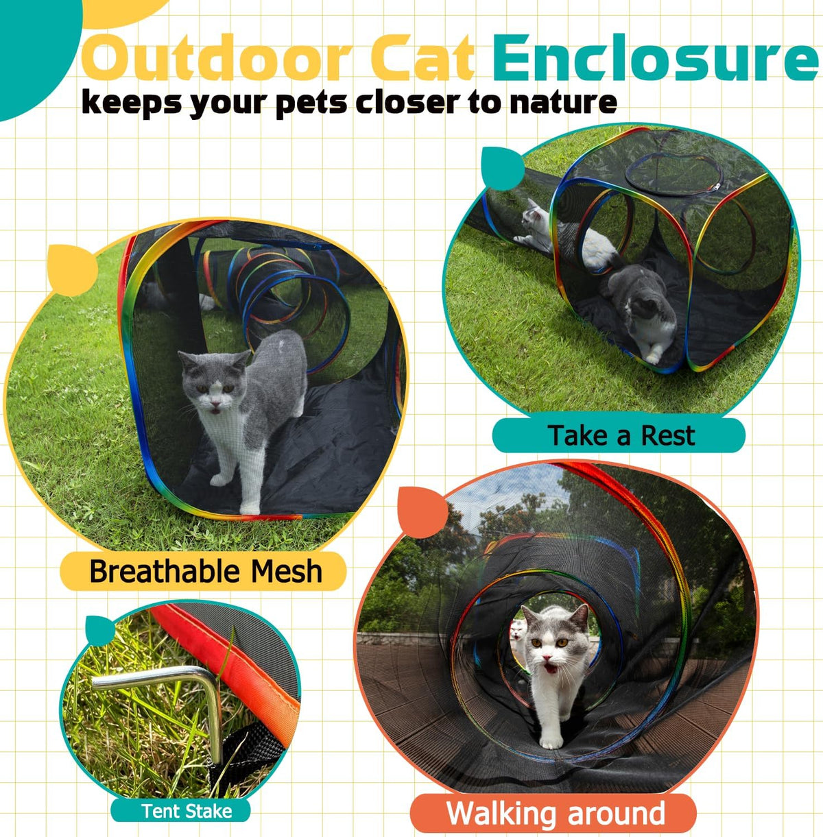LUCKITTY Outdoor Rainbow Cat Enclosures Playground,Outside House for Indoor Cats Include Portable Tent, Circle Cat Playpen Tunnel Catio, for Cats, Kitty and Small Animals,Within Storage Bag