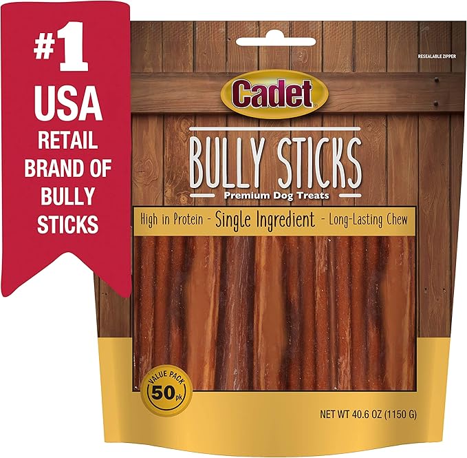 Cadet Bully Sticks for Small Dogs – All-Natural Beef Pizzle, High Protein, Low Fat, Long-Lasting, Grain & Rawhide-Free Dog Chews for Aggressive Chewers, Small (50 Count)