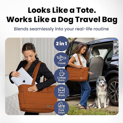 Puffer Dog Travel Bag for Dog Moms, Diaper Bag with Travel Bowls | 2 BPA-Free Collapsible Bowls, 2 Pet Food Containers, 9 Pockets, Everyday Puffer Bag Works With or Without Your Dog, Rust
