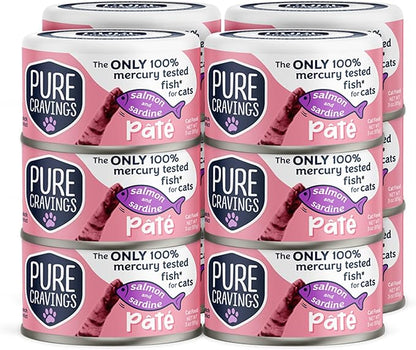 Pure Cravings Salmon and Sardine Pate, Canned Wet Cat Food, 100% Mercury-Tested, Moist Can Fish, Grain-Free Protein, Non-GMO, 12 Pack
