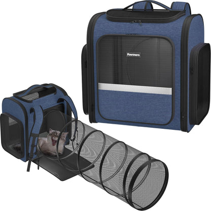 Pawtners Cat Carrier Backpacks Expandable Pet Backpack with Breathable Mesh, Pet Carrier Backpack for Cats Small Dogs Puppies Up to 18 Lbs, Dog Carrier Backpack for Travel Hiking Camping Outdoor Blue
