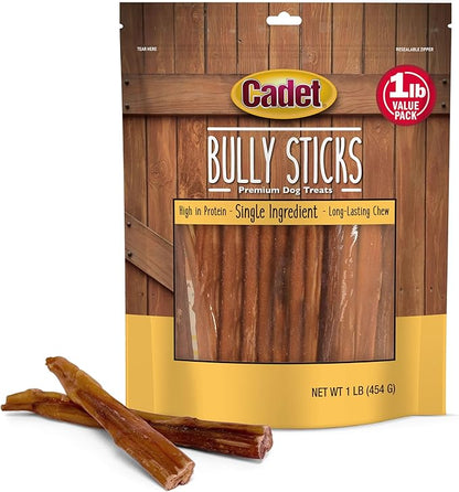 Cadet Bully Sticks for Small Dogs, All-Natural Beef Pizzle, Rawhide-Free Long-Lasting Dog Chews for Aggressive Chewers, 1 Pound