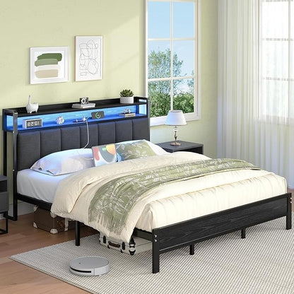 King Bed Frame with LED Lights and Charging Station, Metal Platform Bed Frame King with Upholstered Storage Headboard, Heavy Duty Metal Slats, No Box Spring Needed, Easy Assembly, Dark Grey
