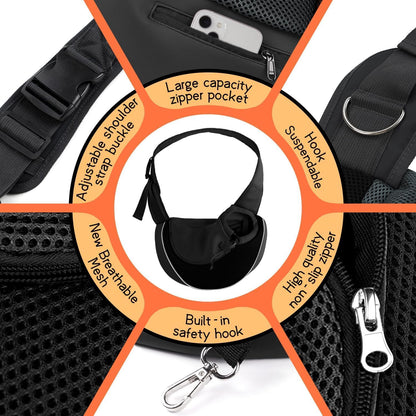 YUDODO Pet Sling Carrier for Small Dogs & Cats – Hands-Free Puppy Carrier with Safety Hook, Large Zipper Pocket, Soft Breathable Mesh, Adjustable Strap & Reflective Strip (Black 2.0 M)