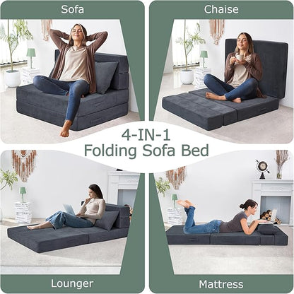 HILERO Folding Sofa Bed, 4 in 1 Convertible Sleeper Chair with Pillow, Twin Memory Foam Fold Out Chair Bed, Modern Floor Futon Sofa Couch Mattress for Living Room/Guest/Apartment, Dark Grey