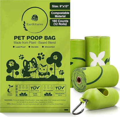 Dog & Cat Compostable Poop Bags (180 Counts w/Dispenser) - Plant Based, Enhanced Leak-Resistant, Odor-Resistant & Durable – Unscented,Sustainable Cleanup Solution –10% to Animal Rescue