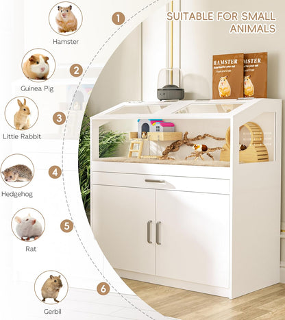 Hamster Cage with Storage Cabinet, Guinea Pig Cage for Small Animals, Large Hamster Cage and Habitat with Easy View Acrylic Panels for Hamster, Rabbit, Guinea Pig, Hedgehog (39"x19"x40")
