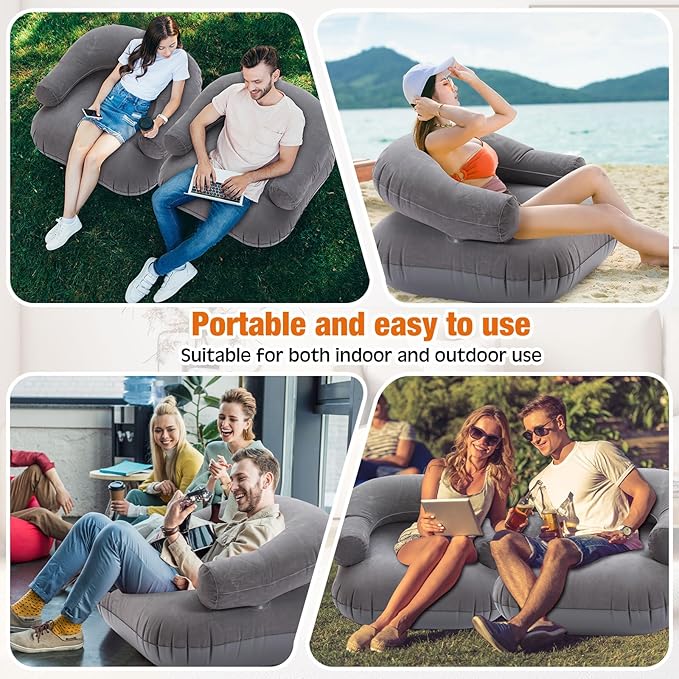 Threehoney 4 Pcs Inflatable Lounge Chair Deck Chair Lazy Sofa, Blow Up, Folding, Portable Couch for Home, Office Balcony, Floor Seating (Dark Grey)