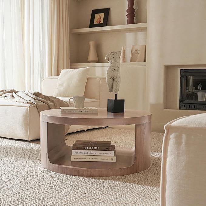 Round Coffee Table with Storage, 31.5" Modern Living Room Table, 2 Tier Circle Wood Center Tables for Apartment, Living Room, Open-Style Storage Gray Coffee Tables, 31.5"*15.7" (Gray)