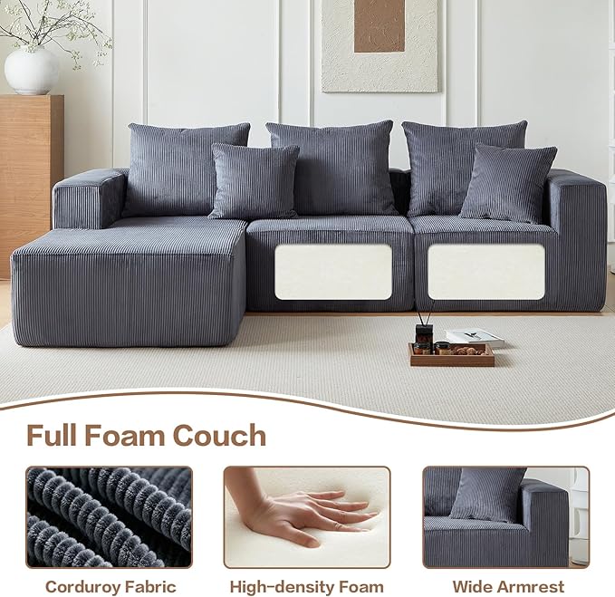 Boneless Couch, 101" Corduroy Couch with Deep Seat, Modular Sectional Sofa in a Box, Memory Foam Compressed Sofa for Living Room (Grey)