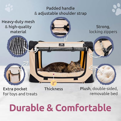 Cat & Dog Pet Carrier, Soft-Sided, Large 24"x16"x16", Fits Large Cat, 2 Cats, or Medium Dog Comfortably, Great for Travel & Vet Visits, Privacy Windows, Removable Bed, Locking Zippers, Foldable