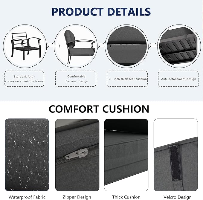 RTDTD Aluminum Outdoor Patio Furniture Set,5 Seats Patio Conversation Sets with Rectangular Coffee Table,Metal Patio Sectional Furniture Set with 5.1" Thickened Cushions,Grey