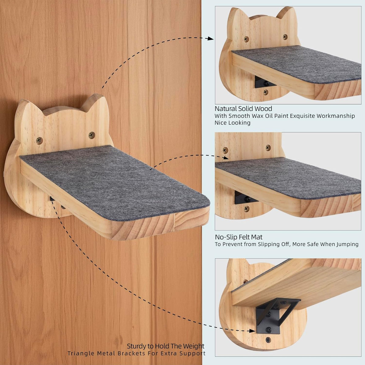 ESPETS Natural Solid Wood Cat Wall Floating Steps Set of 3 - Wall Mounted Wooden Cat Climbing Shelves and Perches, Kittty Stairs Ladder - Easy Install, Holds up 30lbs