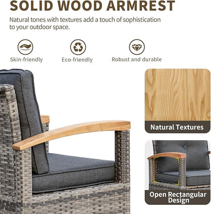 MEISSALIVVE Patio Furniture Sets, 6 Pieces Outdoor Rattan Furniture Conversation Sets with 2 Wood Armrests Swivel Rocker Chairs, 2 Ottoman, 3-Seat Sofa and Coffee Table(Grey)