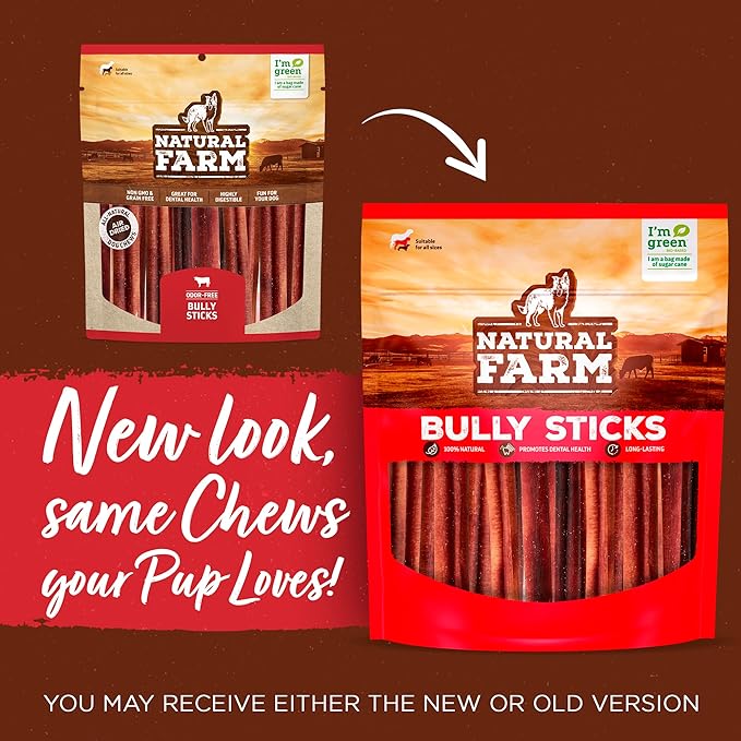 Natural Farm Odor-Free Jumbo Bully Sticks, (6 Inch, 2 Pack), Extra-Thick Chews for Dogs, Fully Digestible 100% Beef Treats, Great for Dental Health, Keep Your Dog Busy with 50% Longer Lasting Chews