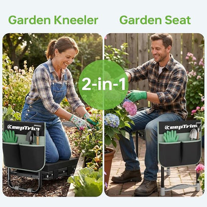 KeepTrim Garden Kneeler and Seat, Foldable Ergonomic Kneeling Bench with Tool Pouch 400 Lbs Heavy Duty 2-in-1 Comfortable Cushioned Kneeling Chair for Gardening Yard Work (Black)