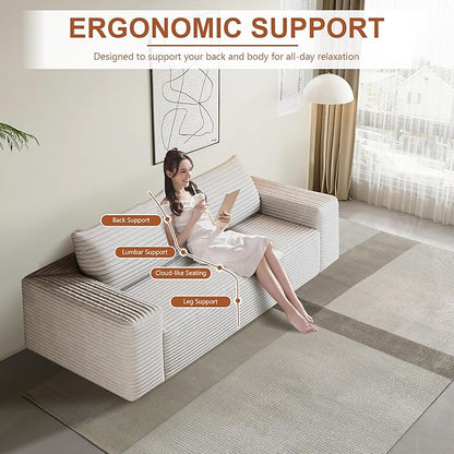 71" Corduroy Loveseat Sofa, 3-Seater Cloud Couch, Boneless Couch in a Box, Comfy Deep Seat Sofa with Memory Foam, Pillows and Wide Armrests, Modern Small Couches for Small Spaces, No Assembly (White)
