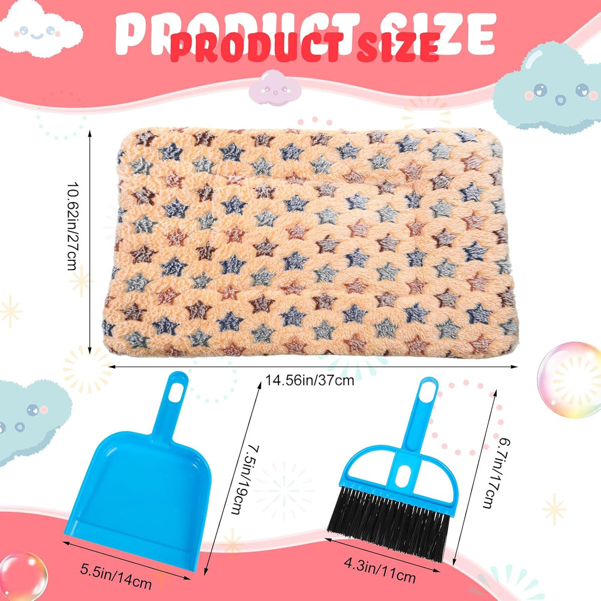 Yulejo 6 Pieces Guinea Pig Bed Mats with Cleaning Dustpan Brush Washable Plush Cage Lines Soft Fleece Sleeping Bedding Pads for Hamster Bunny Chinchilla Squirrel Small Animals (Cool Color, Star)