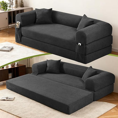 Convertible Futon Sofa Bed,80" Folding Pull Out Couch Bed with Pillows & Storage Pocket, Oversized Queen Sleeper Sofa in a Box,Corduroy Boneless Couch for Living Room,Deep Gray