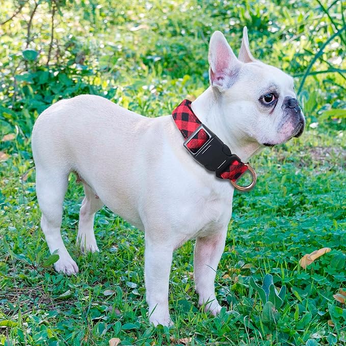 Reflective Dog Collar Padded with Soft Neoprene Breathable Adjustable Nylon Dog Collars for Small Medium Large Dogs (Small (Pack of 1), Red Plaid Collar+Leash)
