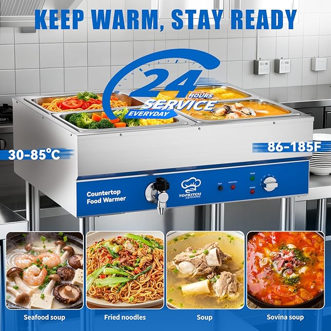 4-Pan Commercial Food Warmer, Electric Steam Table, 120V 1700W Stainless Steel