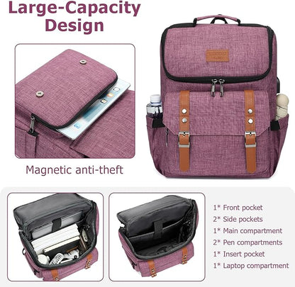 YALUNDISI Vintage Backpack Travel Laptop Backpack with usb Charging Port for Women & Men College Backpack Fits 15.6 Inch Laptop Purple Brown