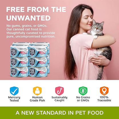 Pure Cravings Tuna and Salmon Pate, Canned Wet Cat Food, 100% Mercury-Tested, Moist Can Fish, Grain-Free Protein, Non-GMO, 12 Pack