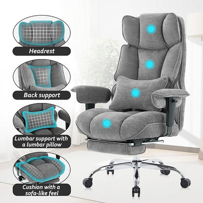 Efomao Executive Office Chair, Soft-Cushioned Computer Chair with Foot Rest, Fabric Home Office Desk Chairs, Big and Tall Office Chairs, Grey