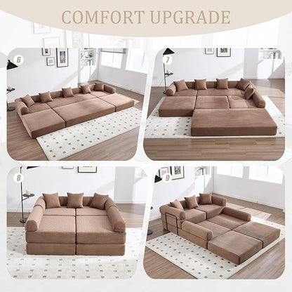106" Oversized Convertible Sleeper Sofa Bed, Corduroy L Shape Sectional Couch, Folding Sofa Bed with Side Pocket, Modern Cloud Floor Mattress Couch, Modular Sofa for Living Room, Brown