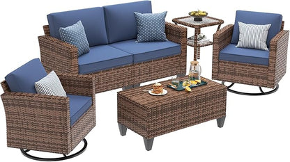 UDPATIO Patio Furniture Set, 5 Pieces Outdoor Conversation Sets with Rocking Swivel Chairs, Wicker Rattan Outdoor Sofa Set with Storage Table and Waterproof Covers for Backyard, Deck, Porch, Navy