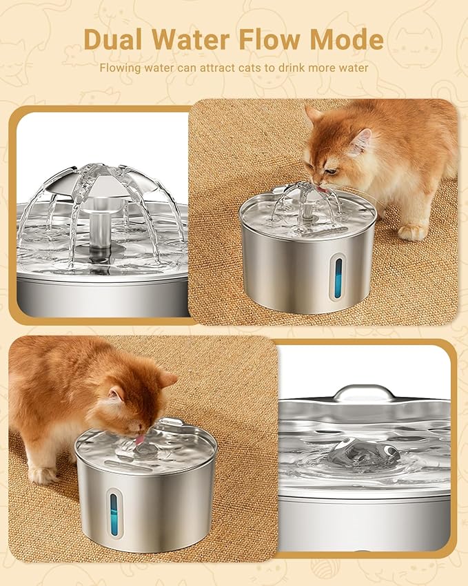 Cat Water Fountain Stainless Steel - 74oz/2.2L Corded Pet Water Dispenser Automatic Silent Cats Dispenser for Drinking Inside Indoor Metal Kitty Spout Fountain with 6 Filters & 6 Sponges