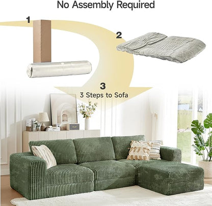 ONBRILL 110" Modular Sectional Sofa, L Shaped Couch 4 Seater with Sleeper Chaise, Sectional Couch with Deep Seat,Upholstered Corduroy Cloud Couches for Living Room,Bedroom,No Assembly Required,Green
