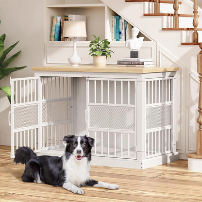 VOPEAK Dog Crate Furniture, Chew Resistant Dog Crate for Dogs, Heavy Duty Dog Crates Dog Kennel Cage Indoor with Double Doors, End Table for Bedroom Living Room (White, 40.9" L x 23.6" W x 30.7" H)