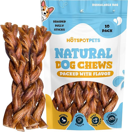 hotspot pets Braided Bully Sticks for Dogs - 6 Inch Stix (10 Pack) All Natural Long Lasting Twisted Beef Pizzle Dog Chew Treats - Low Odor, Grain Free Fully Digestible Rawhide Alternative Sticks