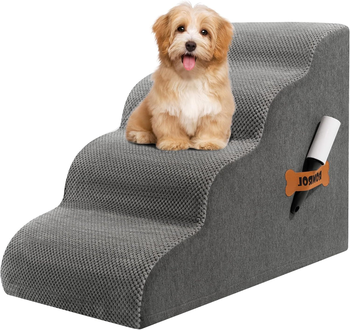 Romrol Dog Stairs Ramp for High Beds Couches, 33D High Density Foam Pet Steps with Durable Non-Slip Waterproof Fabric Cover, Dog Stairs for Small Dogs or Cats or Pets, 4-Step,Grey