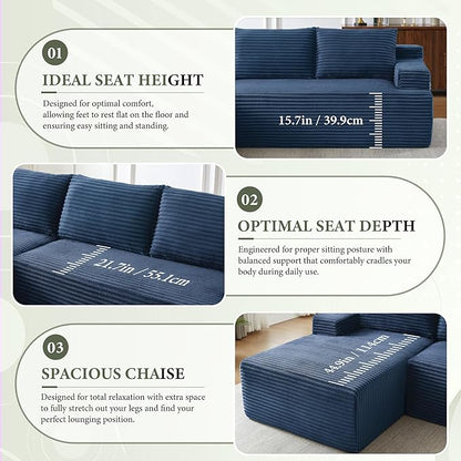 96" Sectional Couches for Living Room Cloud Couch Sofa with L-Shape Upholstered Boneless Couchs Modern Modular Sectional Couch with Chaise (Bule, 96" W+Left Facing Chaise+2Seaters)
