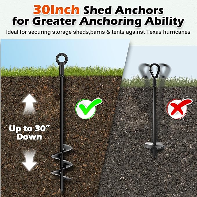 30" Ground Anchors Shed Anchors Kit with 3/16" 75FT Galvanized Cable & M6 304 Stainless Steel Turnbuckles, Heavy Duty Earth Anchors for Sheds Trees Trampoline Greenhouse Swing Set Tent, 4Pack Black