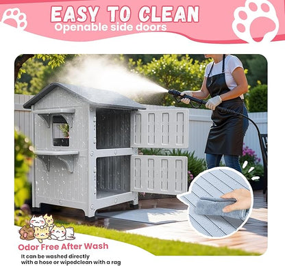 Plastic Outdoor Cat House - Cat House for Outside with Insulated Liner for Winter，100% Weatherproof Cat Houses for with Escape Door, Feral Cat Shelter for Porch Barns Strays