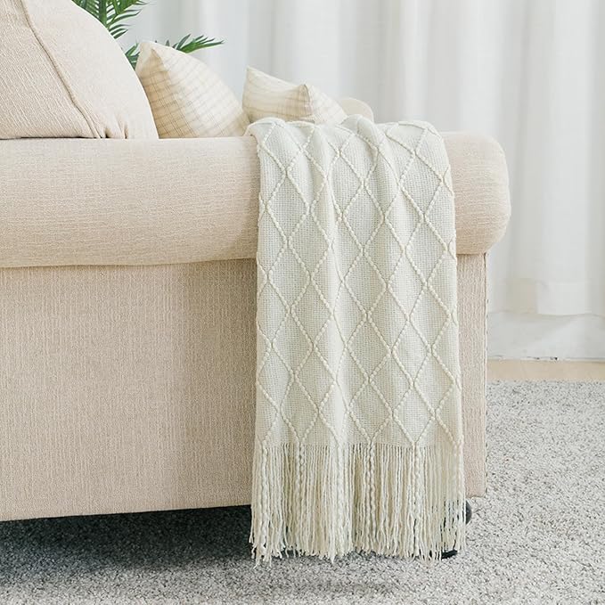 BOURINA Beige Throw Blanket 50 x90 Inches Throw Textured Solid Soft Sofa Throw Bed Runner Couch Cover Knitted Decorative Blanket Bed Runner