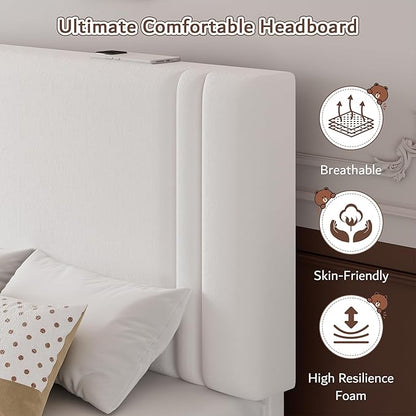 iPormis Twin Size Bed Frame with Velvet Upholstered Headboard & Thickened Legs, Twin Platform Bed Frame w/Solid Wooden Slats Support, Noise Free, No Box Spring Needed, White