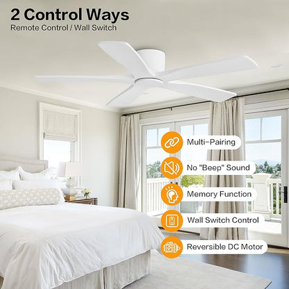 WINGBO 54" Flush Mount DC Ceiling Fans Without Lights, 5 Carved Solid Wood