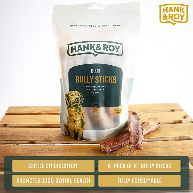 Hank & Roy All-Natural, Single-Ingredient Dog Bully Sticks, Long Lasting, Easily Digestible Dog Chews, Antibiotic and Hormone Free 6” Beef Pizzle Sticks for Dogs, Pack of 6
