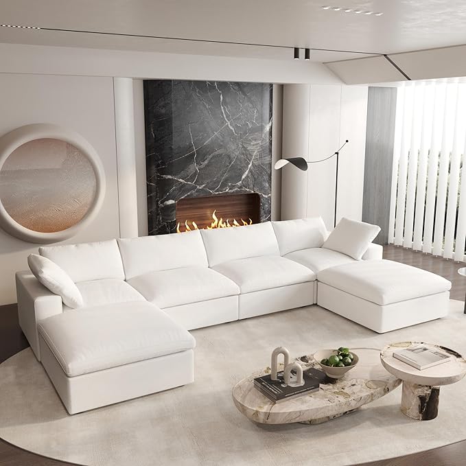 Cloud Modular Sectional Sofa Couch,Oversized U Shaped Couch 6 Seater for Living Room,160.6" Down Filled Convertible Couches with Storage Ottoman, Covers Washable&Replaceable,White