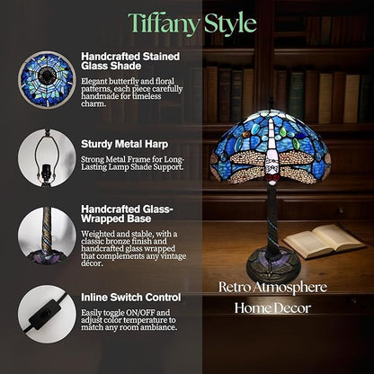 Tiffany-Style Table Lamp, 12" Blue Dragonfly Handmade Stained Glass Lamp Shade, Vintage Reading Light for Bedroom Living Room, LED Bulb Included