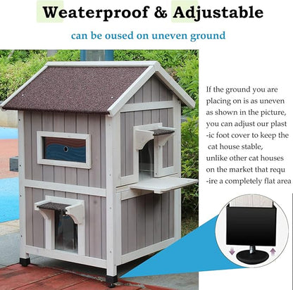 Rockever Outdoor Cat House, Large Outdoor Houses for Feral Cats Wooden Outside Cat Shelter Weatherproof with Escape Door